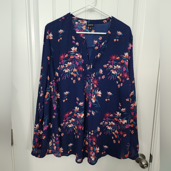 torrid Tops - Torrid Navy Floral Button Down Long Sleeve Peasant Top, Plus Size 2